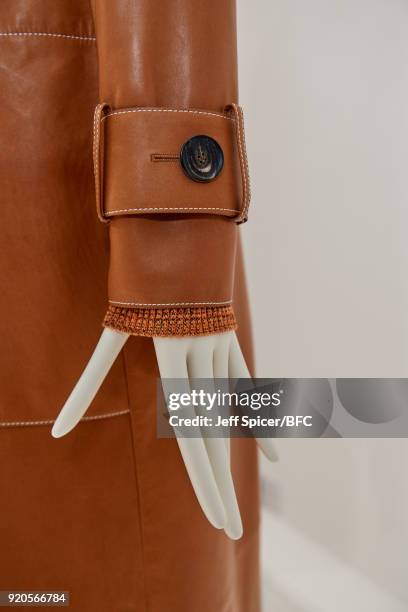 Mannequin poses at the Pringle of Scotland presentation during London Fashion Week February 2018 at Greek Street on February 19, 2018 in London,...