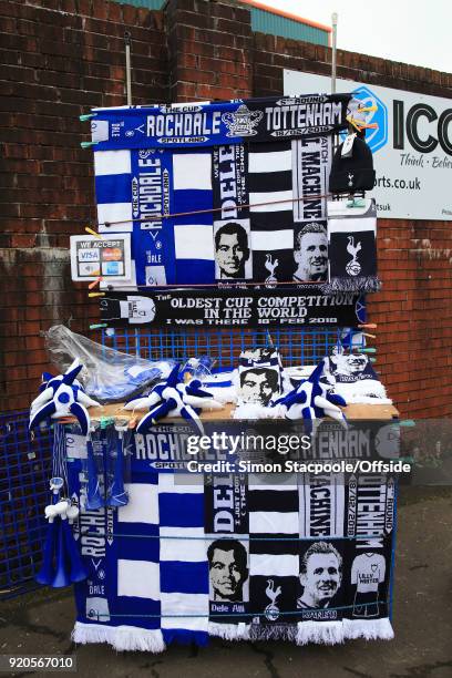 Souvenir stall full of scarves is seen ahead of The Emirates FA Cup Fifth Round match between Rochdale AFC and Tottenham Hotspur at Spotland Stadium...