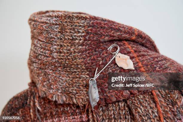 Mannequin poses at the Pringle of Scotland presentation during London Fashion Week February 2018 at Greek Street on February 19, 2018 in London,...