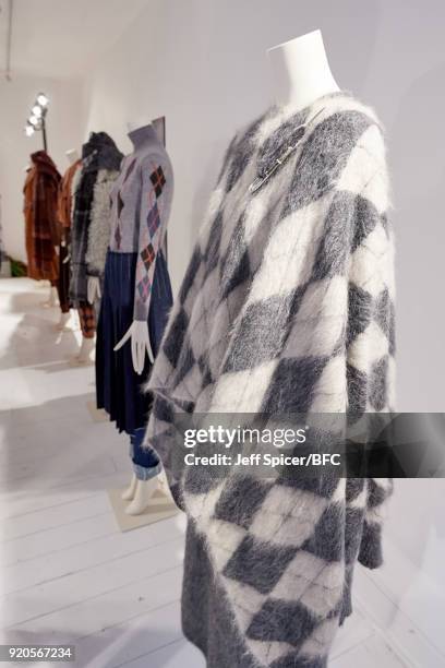 Mannequins pose at the Pringle of Scotland presentation during London Fashion Week February 2018 at Greek Street on February 19, 2018 in London,...