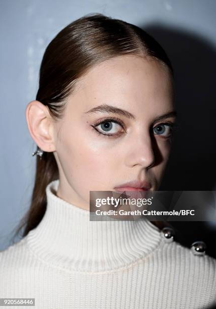 Model backstage ahead of the David Koma show during London Fashion Week February 2018 at St George's Church Bloomsbury on February 19, 2018 in...