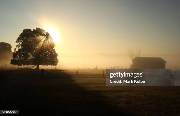 The sun rises over the farm before the start of a day of spring shearing at Cherry Hill Pastoral Company property on October 19, 2009 in Uralla,...
