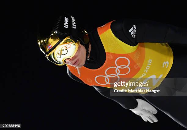 Johann Andre Forfang of Norway competes during the Ski Jumping - Men's Team Large Hill on day 10 of the PyeongChang 2018 Winter Olympic Games at...
