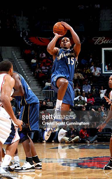 Randy Foye of the Washington Wizards puts up a shot against the Atlanta Hawks during a preseason game on October 19, 2009 at Philips Arena in...