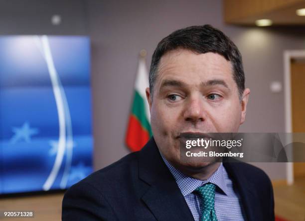 Paschal Donohoe, Ireland's finance minister, speaks to journalists as he arrives for a Eurogroup finance ministers meeting in Brussels, Belgium, on...