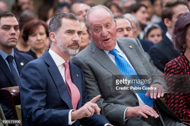 King Felipe VI of Spain and King Juan Carlos attend the National Sports Awards ceremony at El Pardo Palace on February 19, 2018 in Madrid, Spain.