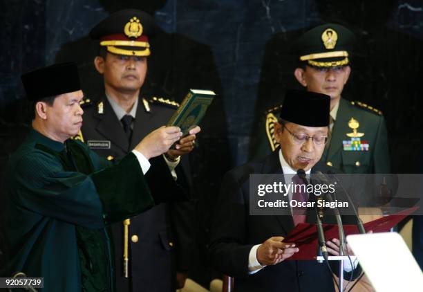 Boediono sworn as a Vice president during the Inauguration ceremony for President Yudhoyono at the House of Representative building on October 20,...