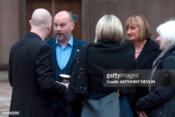 Victims of abuse by former football coach Barry Bennell, Jason Dunsford and Chris Unsworth , talk outside Liverpool Crown Court on February 19, 2018...
