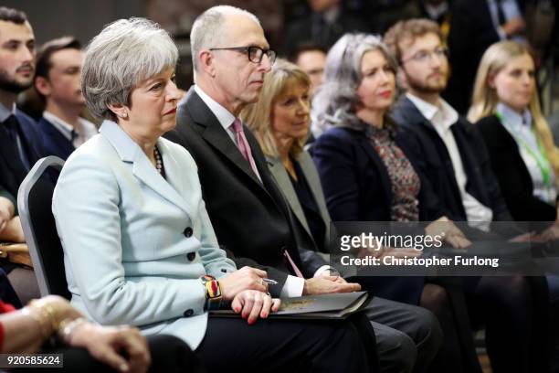 British Prime Minister Theresa May prepares to deliver a speech to students and staff during her visit to Derby College on February 19, 2018 in...