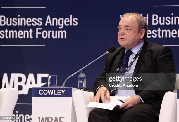 Angel investor Peter Cowley delivers a speech during the 'new rules of wealth management panel' within the World Business Angels Investment Forum at...