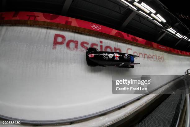 Brad Hall and Joel Fearon of Great Britain make a run during the Men's 2-Man Bobsleigh on day 10 of the PyeongChang 2018 Winter Olympic Games at...