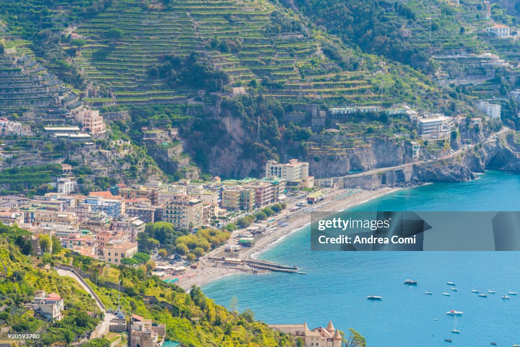 Elevated view of Maiori village and beach seen from Ravello