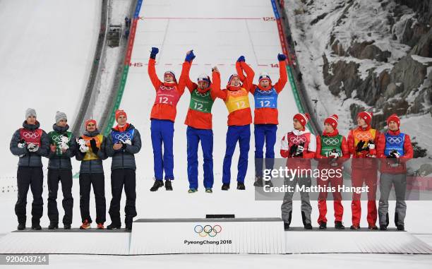 Winners of the bronze medal, Poland winners of the gold medal, Norway and winners of the silver medal, Germany celebrate on the podium following the...