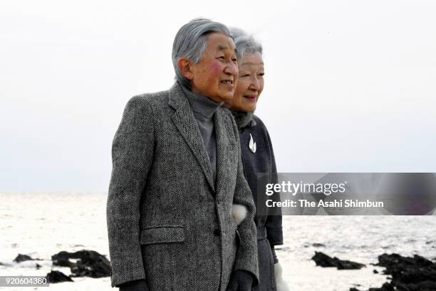 Emperor Akihito and Empress Michiko stroll outside the Hayama Imperial Villa on February 19, 2018 in Hayama, Kanagawa, Japan.