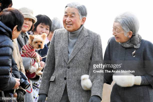 Emperor Akihito and Empress Michiko talk with well-wishers outside the Hayama Imperial Villa on February 19, 2018 in Hayama, Kanagawa, Japan.