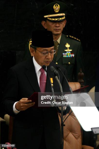 Vice President Boediono speaks during the Inauguration ceremony for himself as Vice President and President Yudhoyono at the House of Representative...