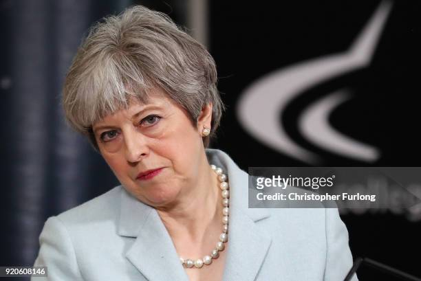 British Prime Minister Theresa May takes questions after delivering a speech to students and staff during her visit to Derby College on February 19,...