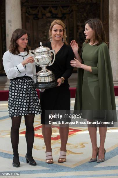 Queen Letizia of Spain delivers the National Sports Awards to Lidya Valentin and Maialen Chourraut at El Pardo Palace on February 19, 2018 in Madrid,...