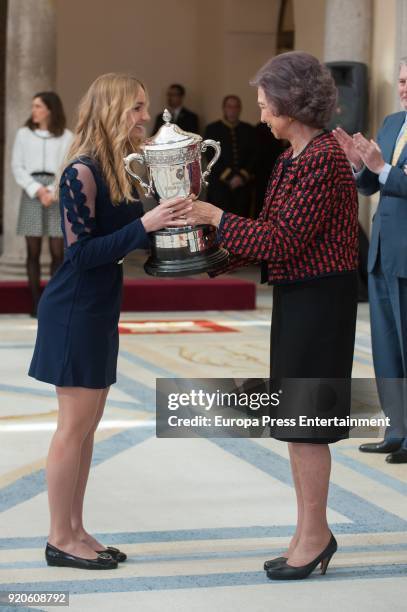 Queen Sofia delivers the National Sports Awards to Laura Sarosi at El Pardo Palace on February 19, 2018 in Madrid, Spain.