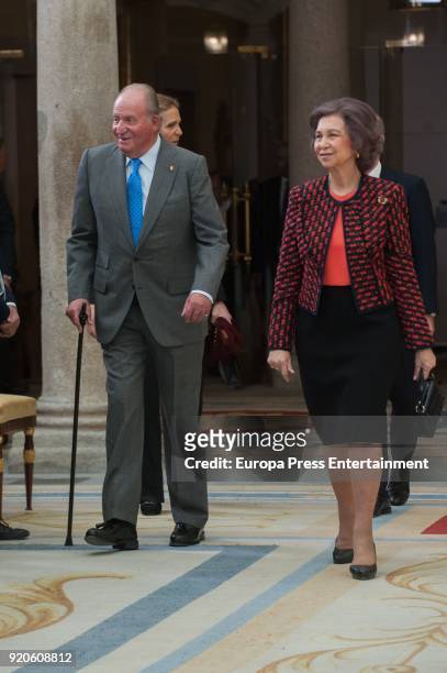 King Juan Carlos and Queen Sofia deliver the National Sports Awards at El Pardo Palace on February 19, 2018 in Madrid, Spain.