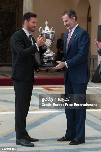 King Felipe VI of Spain delivers to Saul Craviotto the National Sports Awards at El Pardo Palace on February 19, 2018 in Madrid, Spain.