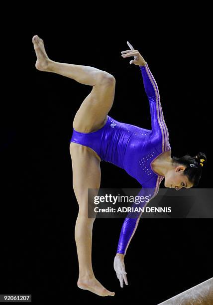 Mexico's Elsa Garcia Rodriguez performs in the balance beam event in the women's individual all-around final during the Artistic Gymnastics World...