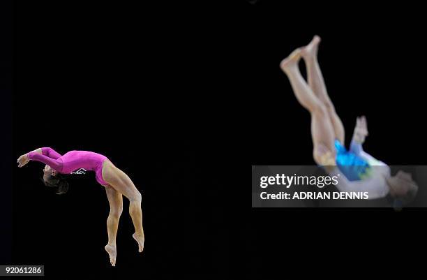Gymnast Bridget Sloan performs in the balance beam event in the women's individual all-around final during the Artistic Gymnastics World...