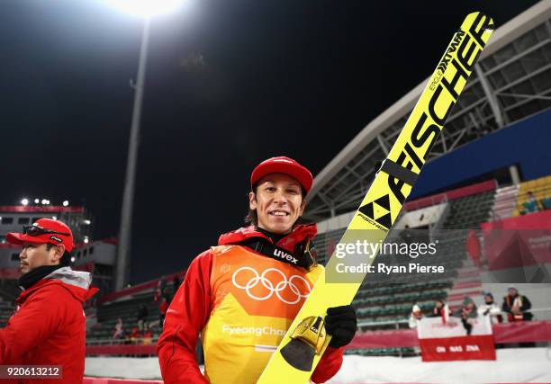 Noriaki Kasai of Japan reacts during the Ski Jumping - Men's Team Large Hill on day 10 of the PyeongChang 2018 Winter Olympic Games at Alpensia Ski...