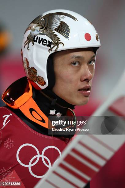 Taku Takeuchi of Japan looks on during the Ski Jumping - Men's Team Large Hill on day 10 of the PyeongChang 2018 Winter Olympic Games at Alpensia Ski...