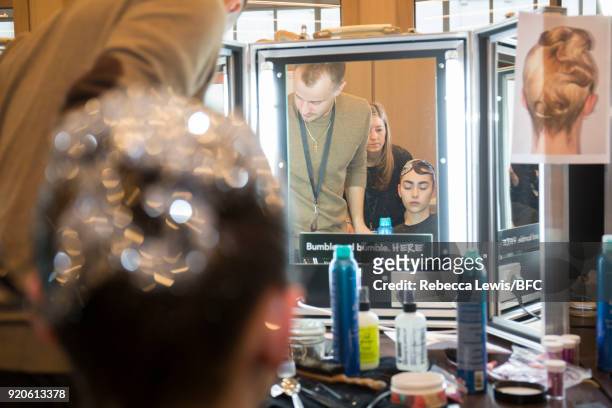 Model backstage ahead of the Sophia Webster presentation during London Fashion Week February 2018 at on February 19, 2018 in London, England.