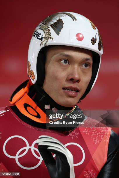 Taku Takeuchi of Japan looks on during the Ski Jumping - Men's Team Large Hill on day 10 of the PyeongChang 2018 Winter Olympic Games at Alpensia Ski...