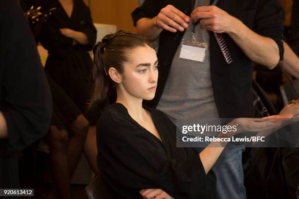 Model backstage ahead of the Sophia Webster presentation during London Fashion Week February 2018 at on February 19, 2018 in London, England.