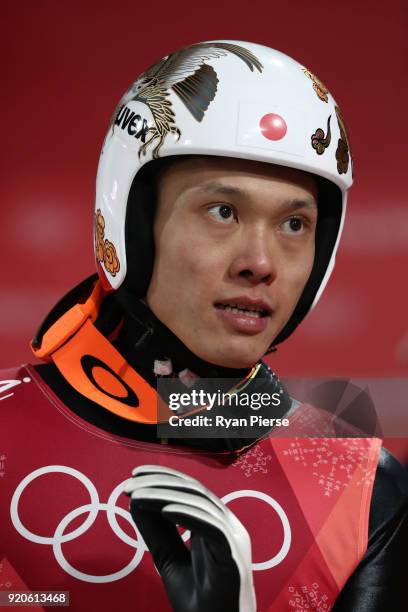 Taku Takeuchi of Japan looks on during the Ski Jumping - Men's Team Large Hill on day 10 of the PyeongChang 2018 Winter Olympic Games at Alpensia Ski...