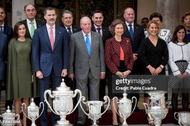 Queen Letizia of Spain, King Felipe VI of Spain, King Juan Carlos, Queen Sofia and Lidia Valentin attend the National Sports Awards ceremony at El...