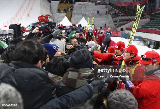 Noriaki Kasai of Japan is interviewed during the Ski Jumping - Men's Team Large Hill on day 10 of the PyeongChang 2018 Winter Olympic Games at...