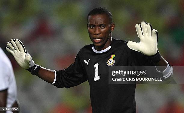 Ghana's goalkeeper Daniel Agyei gestures during their FIFA U-20 World Cup final football match against Brazil in Cairo on October 16, 2009. AFP...
