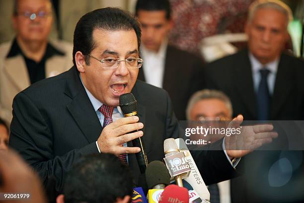 Ayman Nur, Egyptian politician and head of Al-Ghad party, speaks during a press conference at the party's headquarters in Cairo on October 14, 2009....