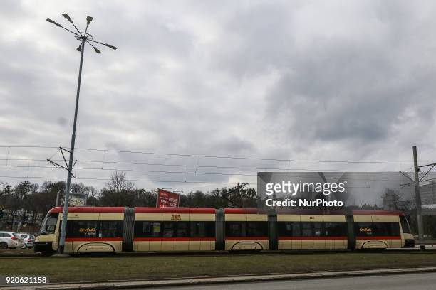 Pesa Swing tram is seen in Gdansk on 19 February 2018 The city of Gdansk tram operator GAiT signed worth over 138 millions PLN contract with Pesa...