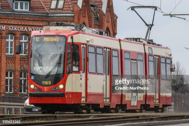 Duwag N8C-NF tram is seen in Gdansk on 19 February 2018 The city of Gdansk tram operator GAiT signed worth over 138 millions PLN contract with Pesa...
