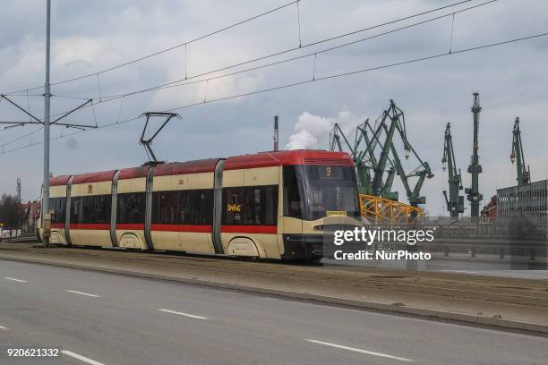 Pesa Swing tram is seen in Gdansk on 19 February 2018 The city of Gdansk tram operator GAiT signed worth over 138 millions PLN contract with Pesa...