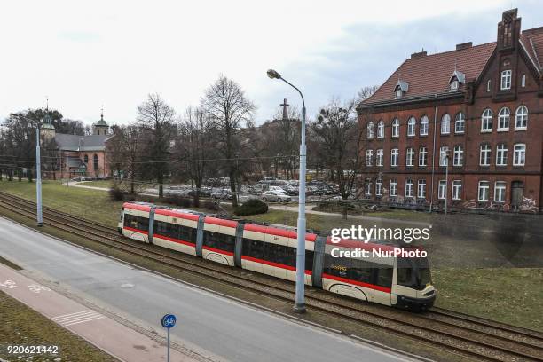 Pesa Swing tram is seen in Gdansk on 19 February 2018 The city of Gdansk tram operator GAiT signed worth over 138 millions PLN contract with Pesa...