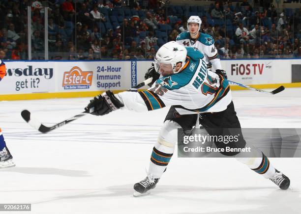 Dany Heatley of the San Jose Sharks skates against the New York Islanders at the Nassau Coliseum on October 17, 2009 in Uniondale, New York.