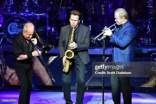 Musicians James Pankow, Ray Herrmann and Lee Loughnane of the classic rock band Chicago perform onstage at the Thousand Oaks Civic Arts Plaza on...