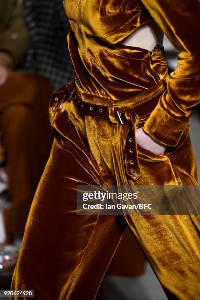 Model, detail, walks the runway at the Marques'Almeida show during London Fashion Week February 2018 on February 19, 2018 in London, England.