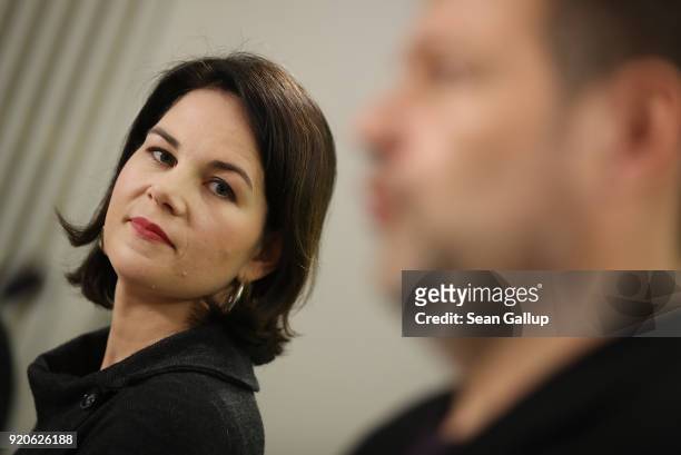 Annalena Baerbock und Robert Habeck, the new co-leaders duo of the German Greens Party , speak to the media at party headquarters on February 19,...