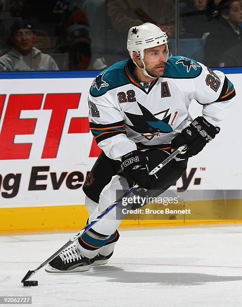 Dan Boyle of the San Jose Sharks skates against the New York Islanders at the Nassau Coliseum on October 17, 2009 in Uniondale, New York.