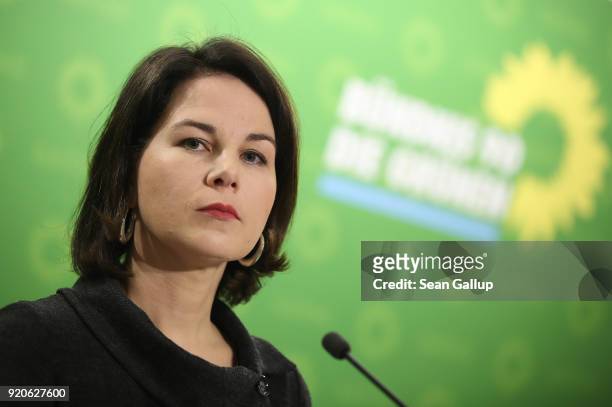 Annalena Baerbock, new co-leader of the German Greens Party , speaks to the media at party headquarters on February 19, 2018 in Berlin, Germany....