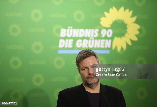 Robert Habeck, new co-leader of the German Greens Party , speaks to the media at party headquarters on February 19, 2018 in Berlin, Germany. Habeck...