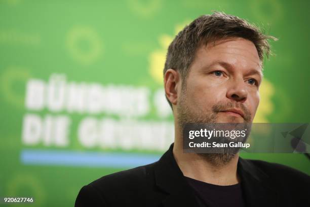 Robert Habeck, new co-leader of the German Greens Party , speaks to the media at party headquarters on February 19, 2018 in Berlin, Germany. Habeck...