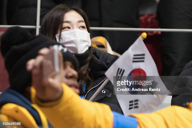 Yuna Kim attends the Men's 2-Man Bobsleigh on day 10 of the PyeongChang 2018 Winter Olympic Games at Olympic Sliding Centre on February 19, 2018 in...